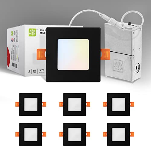 Asd 3 Inch Ultra Thin Led Square Recessed Lighting, 5 Cct 2700K-5000K Selectable, 6W 30W Eqv, Dimmable Canless Led Ceiling Square Downlight With J-Box, 456Lm High Brightness - Ul Energy Star (6 Pack) #TOP20