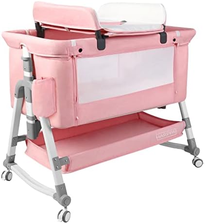 HARPPA Baby Bassinet Bedside Sleeper (Diaper Changing Station + Mosquito Net Included), Adjustable Bedside Crib with Storage, Converts to Cradle and Cosleeper, Portable, Easy Folding. Pink