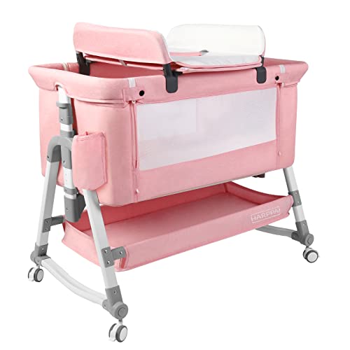 Harppa Baby Bassinet Bedside Sleeper (Diaper Changing Station + Mosquito Net Included), Adjustable Bedside Crib With Storage, Converts To Cradle And Cosleeper, Portable, Easy Folding. Pink #TOP17