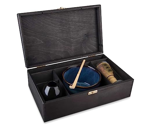 MAOCI Matcha Teeset Minwu Black Edition vierteilig mit Matchaschale, Matchabesen, Besenhalter und Matchalöffel - in edler Holz Box