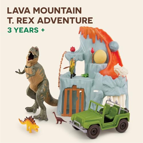 Terra by Battat – 14 Pcs Lava Mountain T-Rex Adventure Playset - Electronic Dinosaur with Light-Up Eyes - Movable Roaring T-Rex Toy for Kids Ages 3+