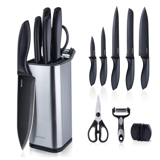 RAXCO Knife Set,10-Piece Stainless Steel Kitchen Knife Set with Block,Black
