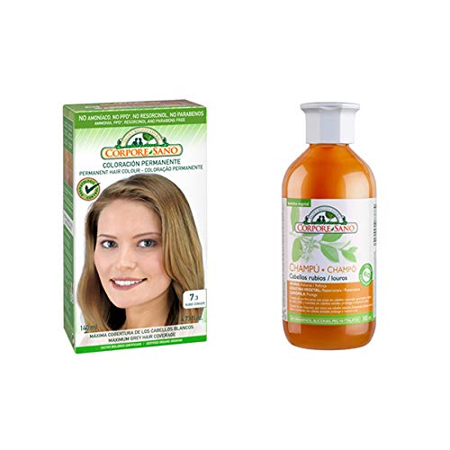 Pack Coloracion RUBIO DORADO 7.3 Permanente 140ml + Champu Henna RUBIO 300m - Tinte sin amoníaco, resorcinol ni parabenos. Los champús a la Henna potencian la durabilidad del color