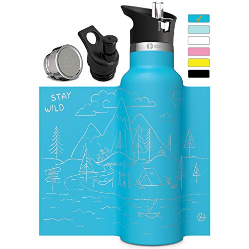 Involve & Evolve Insulated Water Bottle With 3 Lids (Straw Lid) Kids Reusable Double Walled Stainless Steel Flask Metal Stay Wild Thermos 12Oz 17Oz 20Oz 25Oz (17 Oz, Engraved Blue) #TOP3