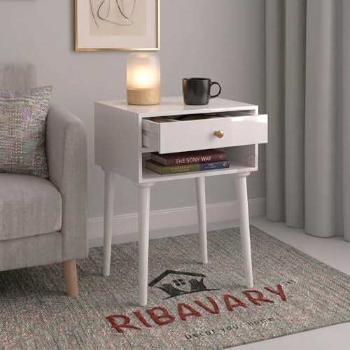 Image of Modern Bedside Table Nightstand with Solid Wood Legs, Practical End Side Table with Drawer Storage for Small Spaces Wooden Bedside Table, Coffee Table, Living Room /Bedroom (White)