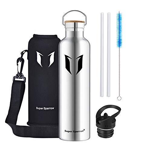 Super Sparrow Garrafa de água isolada a vácuo em aço inoxidável, design de parede dupla, boca padrão - 350 ml / 500 ml / 620 ml / 750 ml / 1 L - sem BPA, para corrida, ginásio, ioga ou ciclismo, 500ml-17oz Aço inoxidável