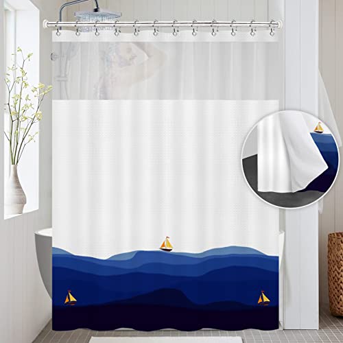 Blue Shower Curtain Set For Bathroom, Nautical Wave Shower Curtain With Snap-In Liner, Top Window And 12 Hooks, 72"X72" Waffle Fabric Shower Curtains Hotel Style Machine Washable(Wave Pattern) #TOP14
