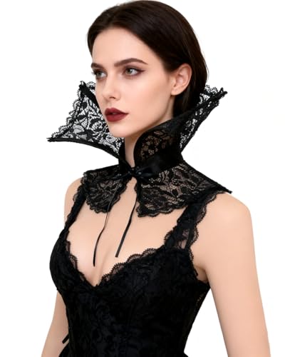 keland Damen Gothic Lolita Halskrause Kragen Renaissance Krause Rüschenkragen Hals Wrap Viktorianische Accessoires (Schwarz-002)