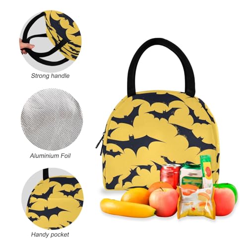 Backpack Lunch Bag Set Yellow Black Bat Halloween Print, Big Storage Travel Backpacks with Insulated Lunch Box for Office Hiking Picnic4