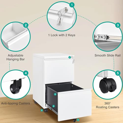Image of SISESOL Assembled 2 Drawer File Cabinet on Wheels,Metal Filing Cabinet with Lock,White Rolling File Cabinets,Under Desk Office Cabinets for Home Office,Fit A4 /Letter /Legal,Pre-Assembled Except Caster