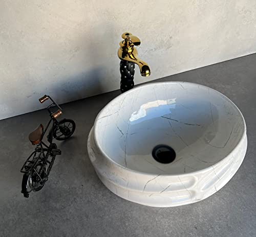 Image of Designer Glossy Finish Ceramic Art Table Top Wash Basin For Bathroom | Collapsible Countertop Washbasin (Black White Glossy Art, 16 x 13 x 6 Inch)