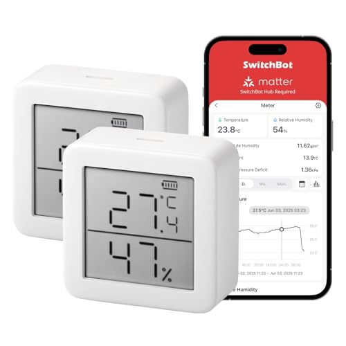 SwitchBot TermĂ³metro higrĂ³metro interior, higrĂ³metro digital Bluetooth termohigrĂ³metro con aplicaciĂ³n, punto de rocĂo/VPD/sensor de humedad absoluto, higrĂ³metro Bluetooth 2