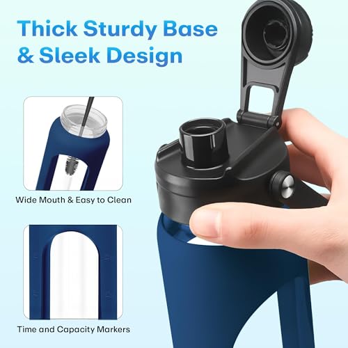 Image of Rioware Motivational Borosilicate Glass Water Bottle 1 Litre with Silicone Sleeve | Time Markings, Airtight, Leak-Proof BPA-Free Bottle For Fridge, Gym, Travel, Office & Home | Pack of 2- Blue-Green