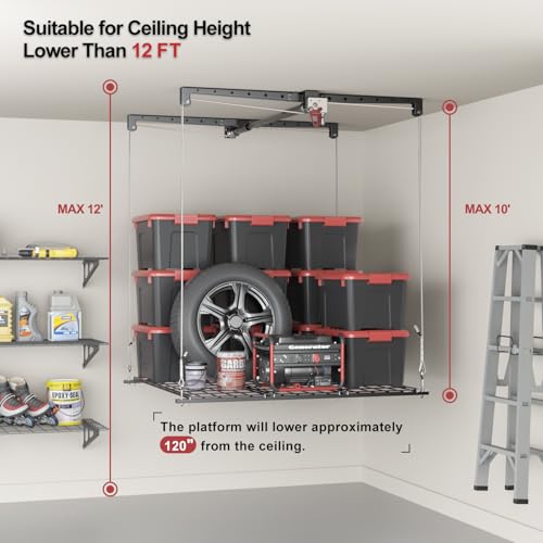 Overhead-Garage-Storage-Rack-for-1012-FT-Ceiling-Heavy-duty-4x4-FT-Ceiling-Storage-Racks-with-Safety-Lock-Ideal-for-Garage-Storage-Mounted-Lift-System-and-Storage-Organizer-250lbs-Capacity