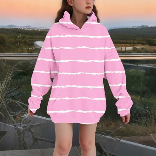 DDAPJ pyju Striped Hoodies for Girls Long Sleeve Tunic Sweatshirts Tween Girls Trendy Hooded Pullover with Pocket 3-14 Years2