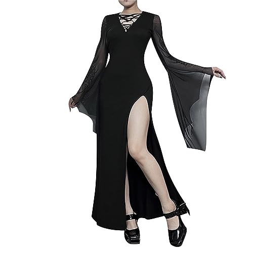 Robe longue fendue gothique chic en noir intense pour femme élégante