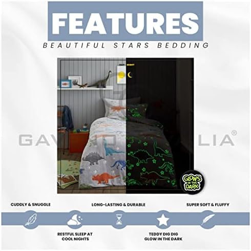 GC GAVENO CAVAILIA Teddy Dinosaur Duvet Cover, Fleece Glow In Dark Dino Single Bedding Bed Set, Fluffy Bed Covers, Grey