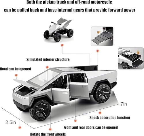 Image of 1:32 Tesla CyberTruck - Silver Alloy Diecast Pullback Metal Car Toy with Sound Light & Opening Doors - Best Gift Toy for Kids