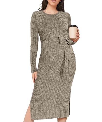 Crewneck Maternity Sweater Dress Rib Knit Long Sleeve Slit Pregnancy Dress Clothes with Belt