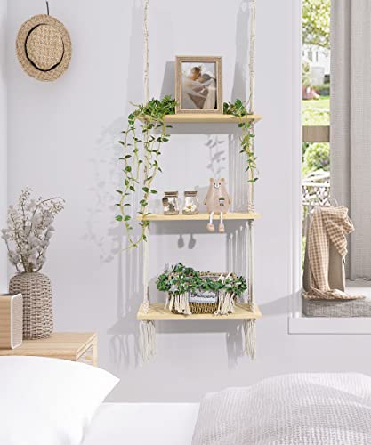 Afuly Hanging Shelf 3 Tier Wall Macrame Boho Shelves For Bathroom Living Room Wall Decor, Plant Book Storage Organizer Shelving Toilet Corner Organization Holder Solid Pine Wood Display #TOP2