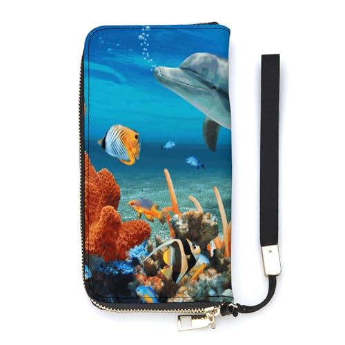 Portafoglio minimalista da uomo con stampa blu delfini portafoglio bifold carino da viaggio da donna blu 20 x 10.5 cm moderno