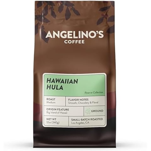Angelino's Coffee Hawaiian Coffee Ground - Medium Roast Hawaiian Blend with Chocolaty Notes & Floral Undertones, Reserve Quality Hawaii Coffee, 12oz - Premium Coffee Beans Ground for Freshness Cover