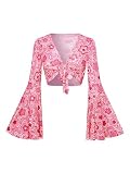 Verdusa Women's Bell Sleeve Crop Top Tie Front Long Sleeve Blouse Sheer Mesh Tops Floral Pink Medium