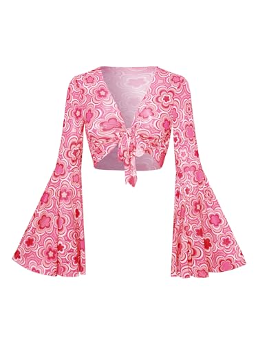 Verdusa Women's Bell Sleeve Crop Top Tie Front Long Sleeve Blouse Sheer Mesh Top