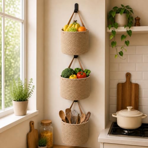 Image of Honeydak 3 Hanging Baskets, Light Linen, Cylinder, Cotton Rope