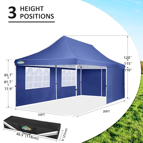Image of COBIZI 10x20 Pop Up Canopy with 4 Sidewalls, Conical Party Tent 10x20 with 3 Adjustable Height Waterproof, UV-Resistant EZ Outdoor Gazebo with Carry Bag, Sandbag, Stake, Rope for Parties, Commercial