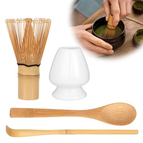 Zanfqvo Juego de te Matcha - Kit te Matcha 4 Piezas - Set Batidor Matcha con 2 Cucharas Matcha, Porta Batidor - Accesorio de Ceremonia de Matcha Japonés (Blanco)
