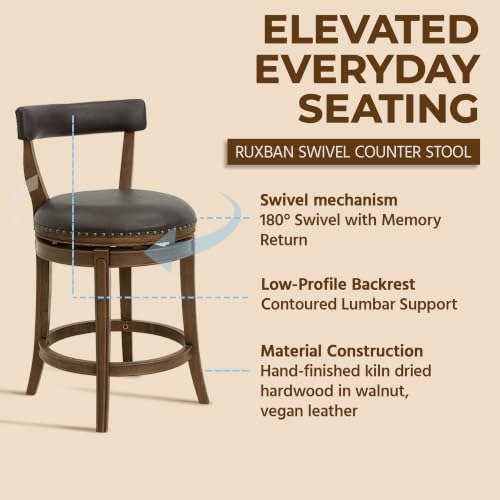 Image of ROME + OAK Ruxban 26 inch Counter Stool, Low Back Swivel Barstools in Walnut Finish with Saddle Brown Vegan Leather Seat - Indoor Home Furniture