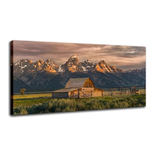 Mountain Wall Art Wyoming Grand Teton National Park Barn Pictures Wall Art Nature Scenery Country Paintings Artwork for Living Room Office Bedroom(Barn, 40x20 inch)