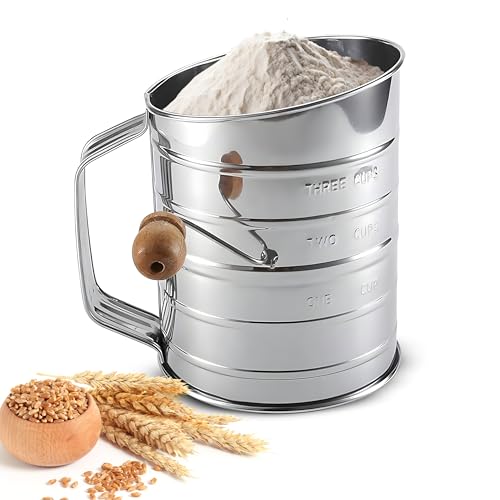 FJKG7 Flour Sifter For Baking, Fine Mesh Hand Crank Knob, Flour Sifter With 2 Wire Agitator Loop for Baking 3 Cup Stainless Steel Powdered Sugar Duster, Flour Shaker, Baking Tools (1, Wooden 3 Cup)