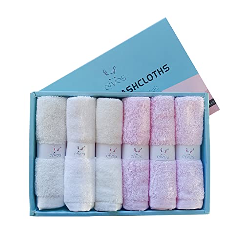 elves Bamboo Viscose Washcloth Baby Set of 6 - Ultra Soft Wash Cloths for Face and Body - Small Face Towel for Baby Girl (White&amp;Pink)