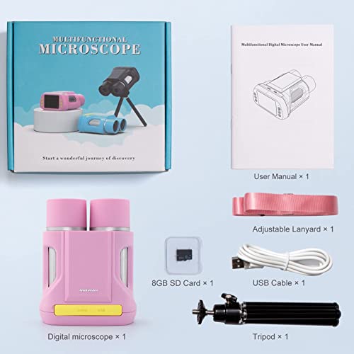 Andonstar Ad122 Handheld Digital Microscope 2 In 1 Binoculars Camera For Kids,With 2 Inch Lcd Screen 50X-300X Usb Microscope For Birthday Gifts,With 8G Sd Card (Pink) #TOP6