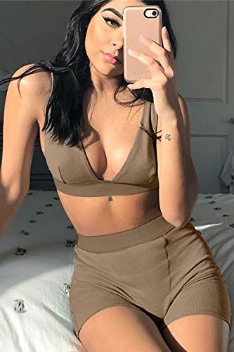 Kafiloe Women 2 Piece Workout Outfit Ribbed Deep V Neck Bra High Waist Bodycon Yoga Short Sets Gym Active Wear Tracksuits Brown M #TOP3