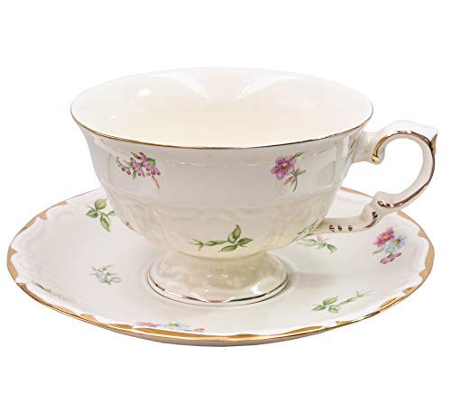 Zealax Tea Cup And Saucer Set Vintage Tea Cups Floral Coffee Cup, Cream #TOP13