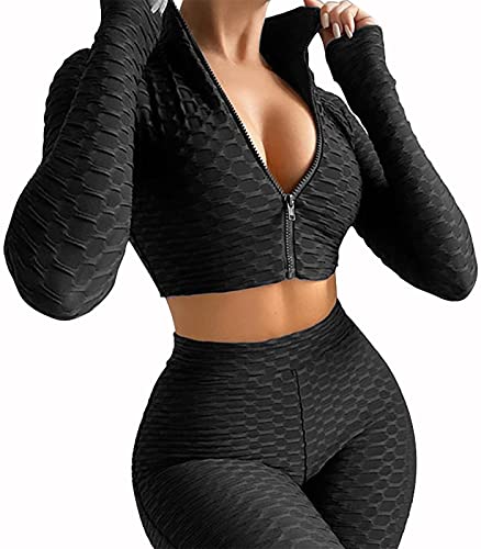 Workout Sets For Women 2 Piece Textured Tracksuits Outfits Long Sleeve Zipper Crop Tops Yoga Shorts Set Black M #TOP1