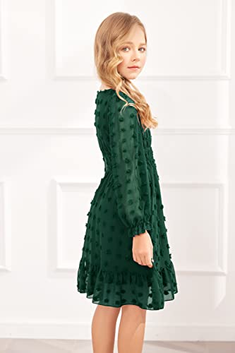 Hopeac Little Girls Green Dress Fall Swiss Dot Long Lantern Sleeve Frock Casual Holiday Chiffon Elastic Pleated Skater Dresses #TOP3