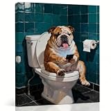 RTVJTERQ 8x10 Inches Canvas Oil Painting Wall Art Portrait Print, Funny Bulldog Sitting on Toilet Using Phone, Humorous Animal Bathroom Decor for Guest Bath Restroom Farmhouse Home