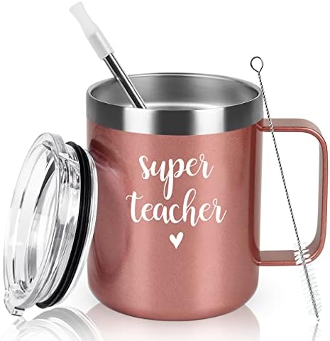 Super Teacher Insulated Coffee Mug with Handle, Christmas Birthday Appreciation Teacher’s Day Thank You Gifts for Teacher Tutor Professor Women, 12oz Stainless Steel Travel Mug Tumbler Cup, Rose Gold