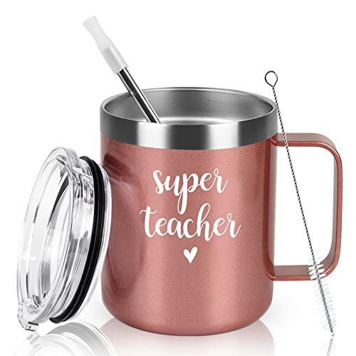 Super Teacher Insulated Coffee Mug With Handle, Christmas Birthday Appreciation Teacher’s Day Thank You Gifts For Teacher Tutor Professor Women, 12Oz Stainless Steel Travel Mug Tumbler Cup, Rose Gold #TOP15