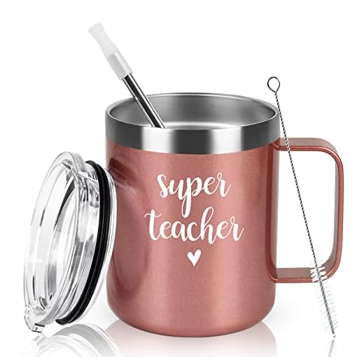 Super Teacher Insulated Coffee Mug with Handle, Christmas Birthday Appreciation Teacher’s Day Thank You Gifts for Teacher Tutor Professor Women, 12oz Stainless Steel Travel Mug Tumbler Cup, Rose Gold