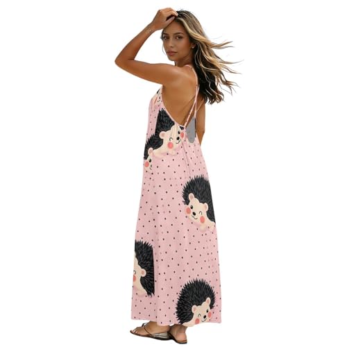 Robe longue à bretelles spaghetti dos nu rose à pois et hérissons pour femme