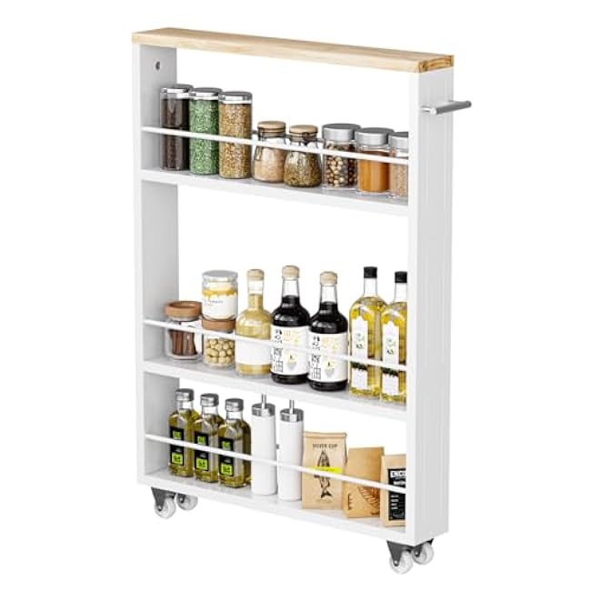 KLM 4 Tier White Slim Storage Cart with Handle, Slide Out Storage Rolling Utility Cart for Kitchen, Laundry, Narrow Places-EbVxEFYv