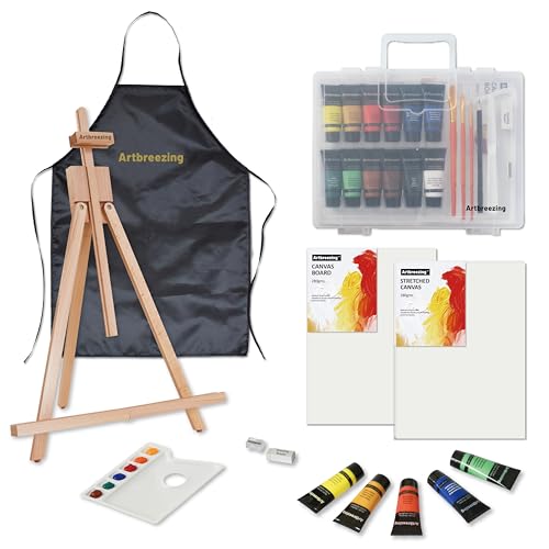 Artbreezing Acryl-Maler-Set Malerset mit Tischstativ Pinseln Leinwand u.ä. Künstlerbedarf-Set für Schüler Künstler und Anfänger (12 * 22ML)