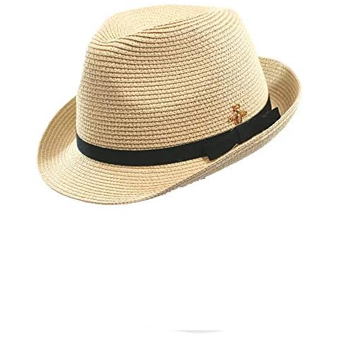 Ladies Summer Folding Trilby Style Beach Hat with Black Ribbon & Gold Bee Motif in Bag Cover