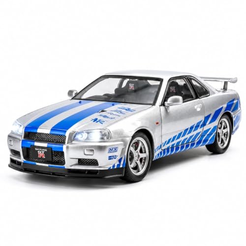 Image of 1:32 Scale Nissan Skyline R34 Alloy Pickup Car Toy Metal Pull Back Diecast Car with Openable Door and Sound Light, Gifts Toys for Kids【Silver】