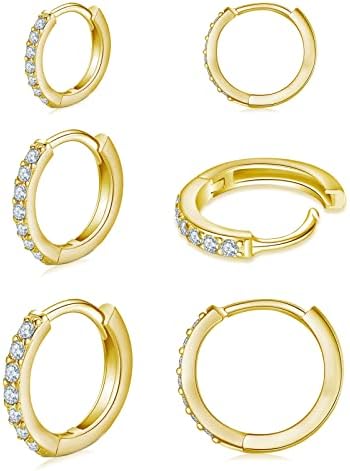 925 Sterling Silver Post Small Hoop Earrings Cubic Zirconia Huggie 14K Gold Plated Hoop Earrings,3 Pairs Cartilage Piercing Earrings Ear Cuff Tiny Hoop Earrings for Women Men 8mm 10mm 12mm